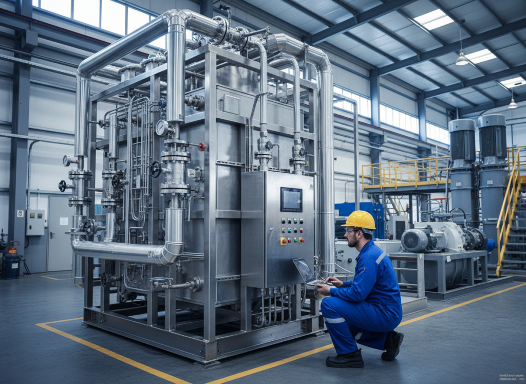 firefly gemini flash وحدة تبريد صناعية كبيرة داخل مصنع، مع مهندس يرتدي زي العمل وقبعة واقية، يستخدم كمبيو 600000 (2)