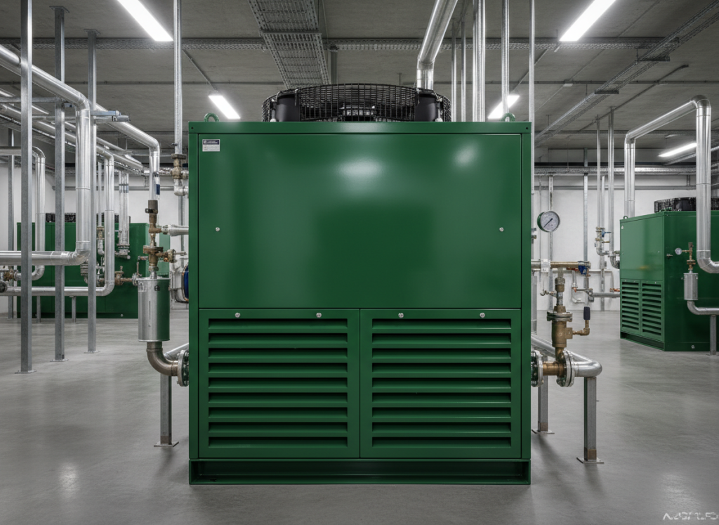 firefly gemini flash “وحدة تبريد صناعية مستطيلة اللون أخضر داكن، تقع في مركز المشهد، مصنوعة من معدن لامع، 600000 (1)